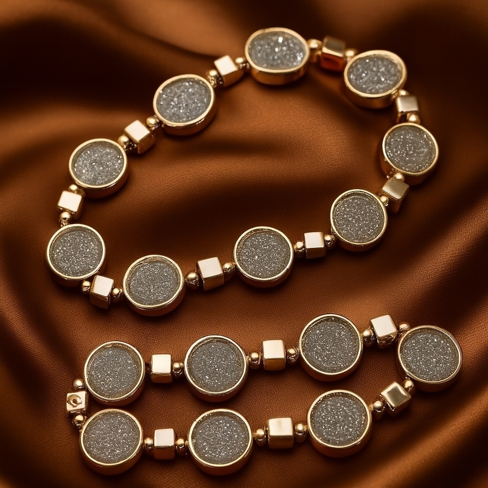 Rose Gold Druzy Stretch Bracelets Set – Glittery Silver Stone Beads Luxe Jewelry